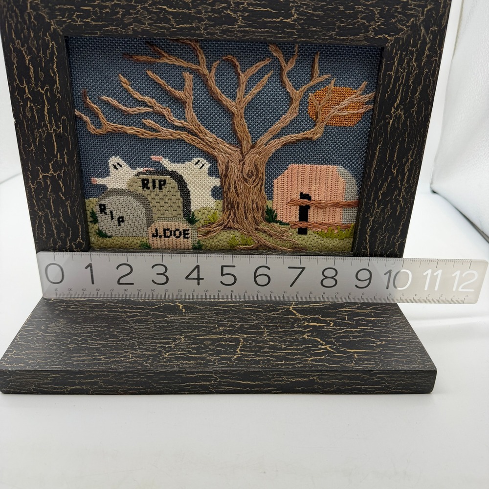 Halloween Needlepoint Framed Ghost Graveyard Spooky Shelf Sitter Handmade Art - Picture 11 of 13